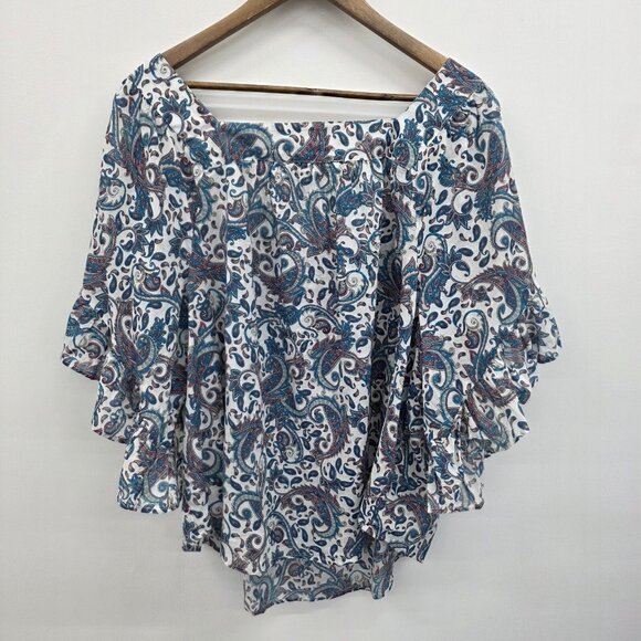 NWT Terra & Sky Peasant Top Paisley Print Ruffle Sleeve Plus 3X Blue Square Neck - Picture 4 of 15